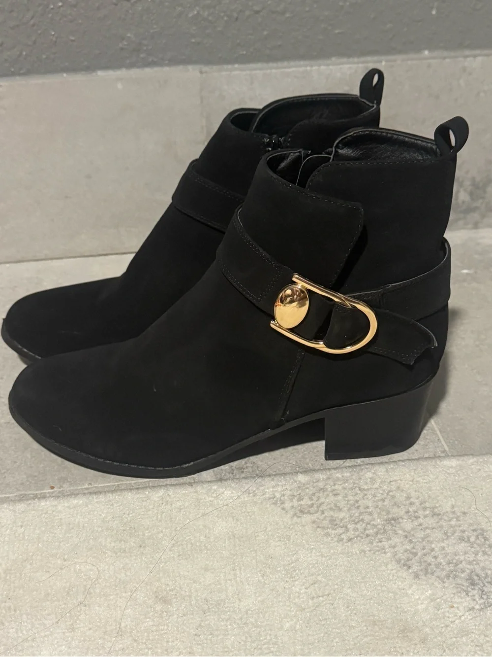 Black Ankle Boots with Gold Buckle - Women